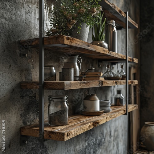 Rustic Wooden Shelves with Decorative Items and Plants on Textured Wall
