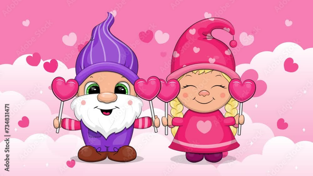 Gnome couple with two heart lollipops in the sky. Cute cartoon looped animation. Pink background with clouds and hearts. Gnome couple with two heart lollipops in the sky. Cute cartoon looped animation. Pink background with clouds and hearts.