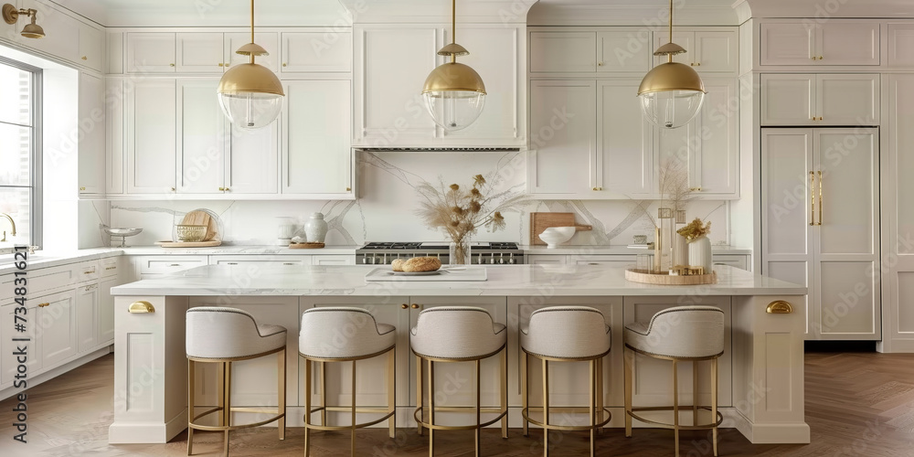  gold and white kitchen with gold accents and stools, modern kitchen interior