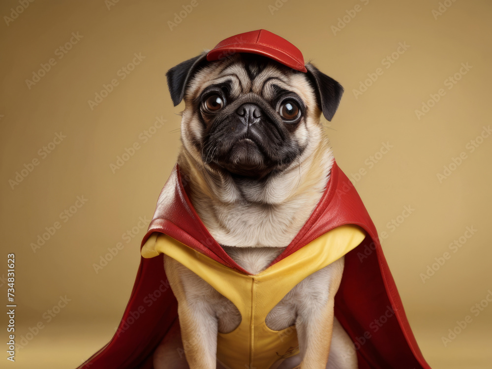 A charismatic pug, embodying the essence of a superhero, leaps with gusto against a backdrop of vivid yellow, symbolizing the spirit of adventure and courage. Ai Generative