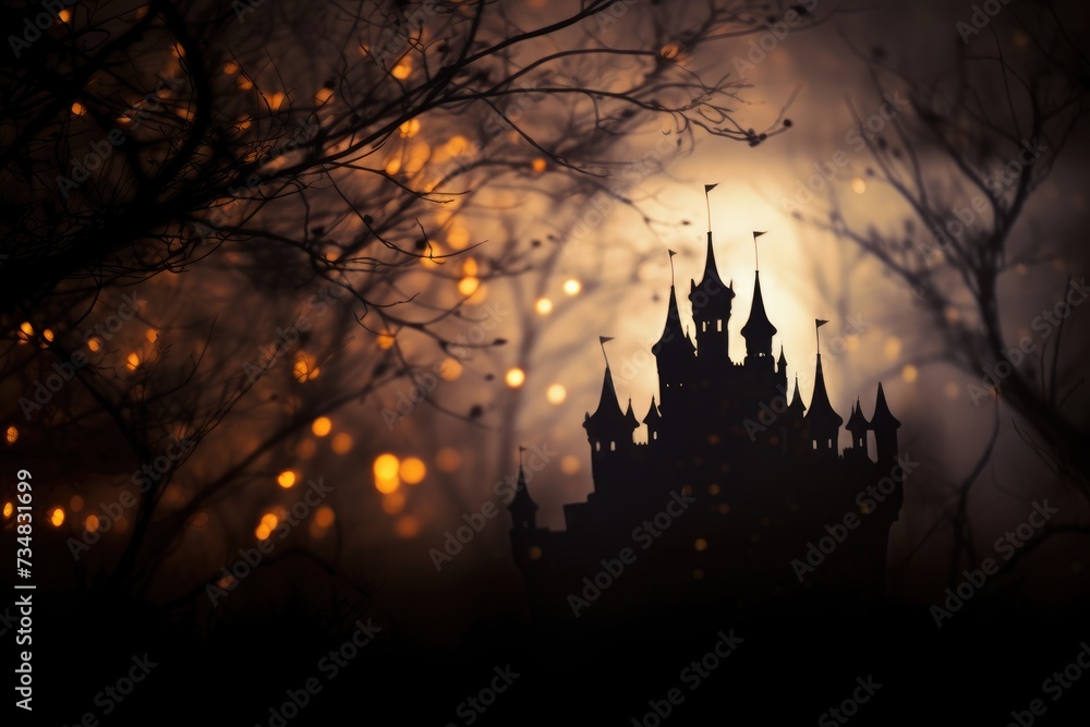 Spooky Castle Bokeh: Castle silhouette. - obrazy, fototapety, plakaty 