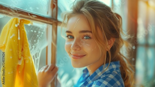A young beautiful woman in a checkered blue shirt washes a window with a brig...