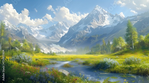 Beautiful landscape with alpine meadows and mountains behind them