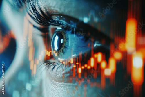 financial chart human eye futuristic background, candlestick pattern graph, uptrend stock market background photo