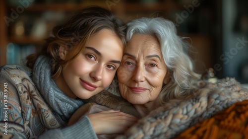 Portrait of joyful positive teenage girl and grandma together show family love