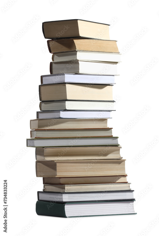 High stack of many different books isolated on white High stack of many different books isolated on white