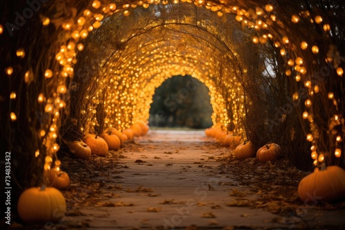 Glowing Pumpkin Arch Bokeh: An archway of pumpkins.