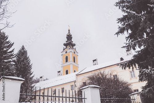 Velika Remeta Monastery is a Serbian Orthodox monastery located  on the mountain Fruška Gora, Serbia. Winter season. photo