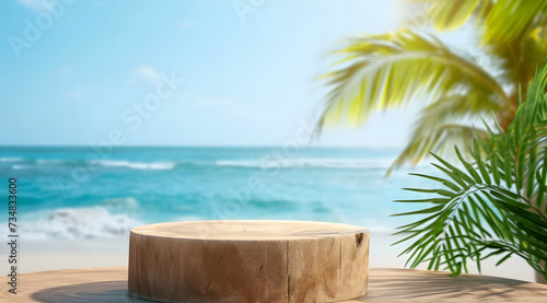 Summer product display on wooden podium at sea tropical beach © Lucky Ai