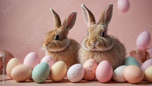 Visualize a heartwarming Easter scene where a cute Easter bunny emerges from a pink Easter egg, nestled against a soft pastel pink background. Ai Generative