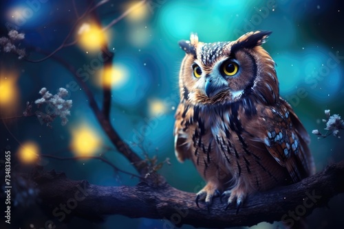 Moonlit Owl Bokeh: An owl in a moonlit forest. © OhmArt