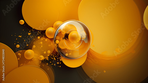 Many golden bubbles abstract background,, Abstract background with dynamic 3d spheres. Yellow bubbles. Vector illustration of glossy balls. Modern trendy banner design Pro Vector 