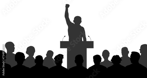 Leader man near tribune and crowd of people, silhouette. Vector illustration
