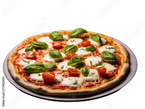 a pizza with tomatoes and basil on a plate