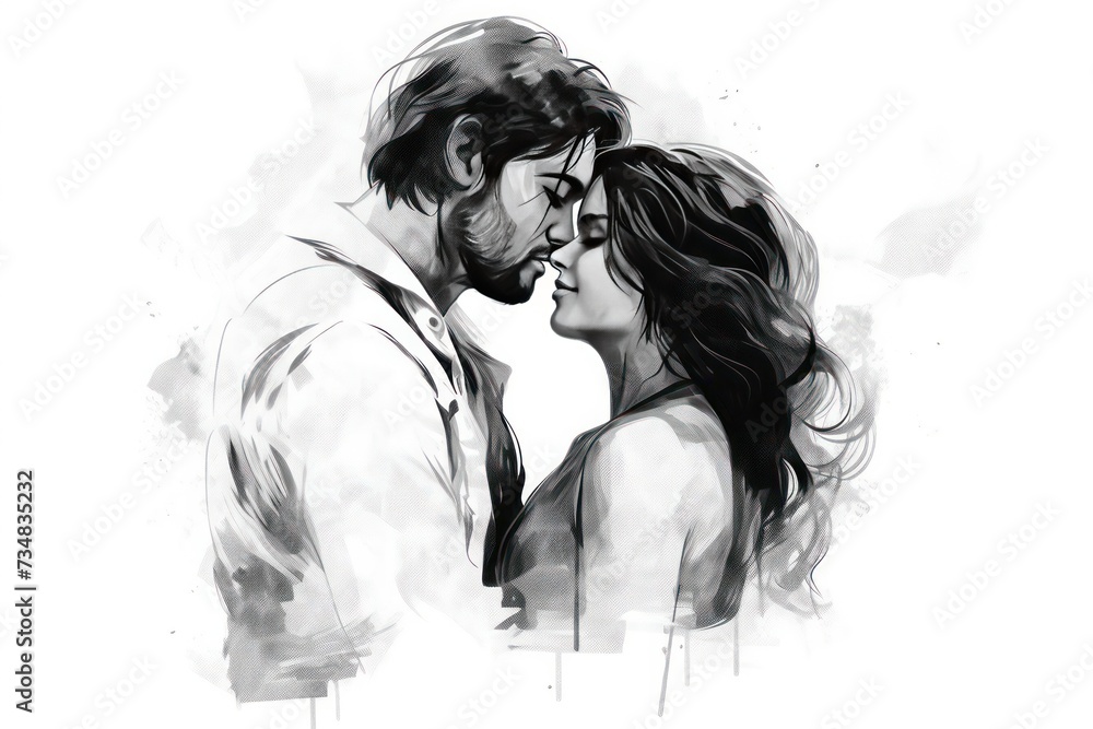 Fototapeta premium couple facing each other before kiss in monochrome black and white ink style isolated on white