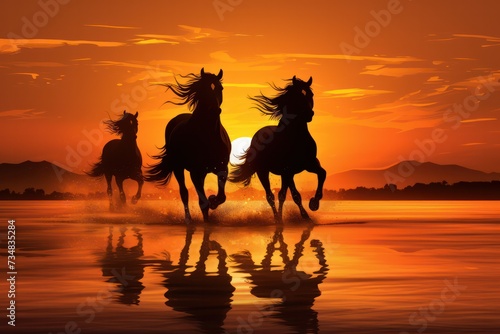 three arabic purebred horses running at sunset in the water on the beach. Travel destination. 