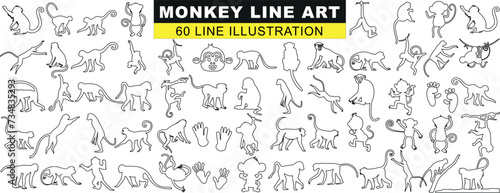 Monkey Line Art Collection, 60 unique, detailed illustrations. Perfect for educational materials, creative projects, coloring books. Expressive poses, activities showcased