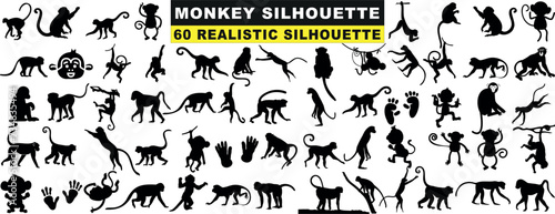Monkey silhouette vector collection. 60 unique  realistic poses. Ideal for wildlife  nature themes  graphic designs. Black figures  white background. Editable  diverse  playful  calm