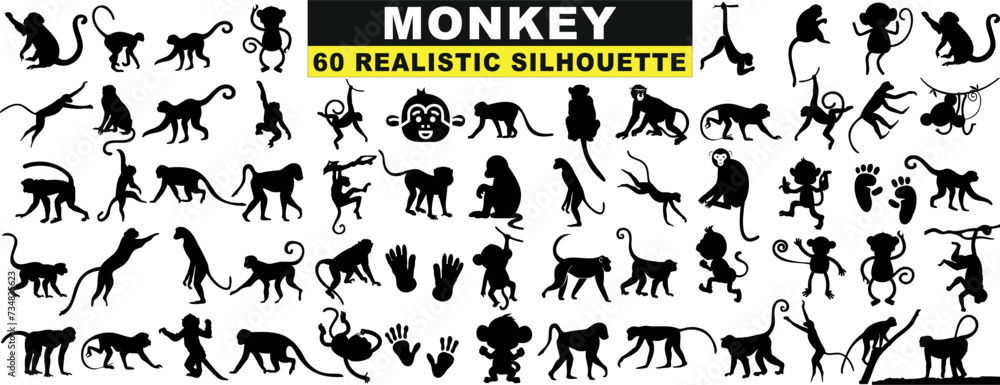 Monkey Silhouette Collection, 60 unique, realistic poses. Ideal for design, vector art, graphics. Enhance creative projects with these detailed, high quality images. Versatile use in print, web design - obrazy, fototapety, plakaty 