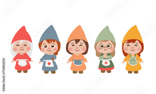 Collection of garden women gnomes or dwarfs , banner, different color . Set of cute fairytale characters. Flat cartoon vector illustration isolate on white background for your design .