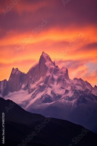 Silhouette of jagged mountain peaks with the sky painted in shades of orange, pink, and purple © neirfy
