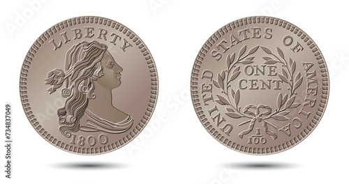 Vector American money, one cent coin, 1796-1807.  Classic head large cent. Vector illustration.