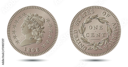 Vector American money, one cent coin, 1808-1814.  Classic head large cent. Vector illustration.