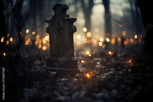 Eerie Grave Bokeh: A single grave with haunting lights.