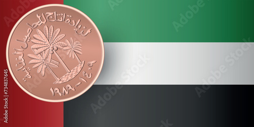 Obverse of One fils UAE bronze coin with the UAE flag. Vector illustration.