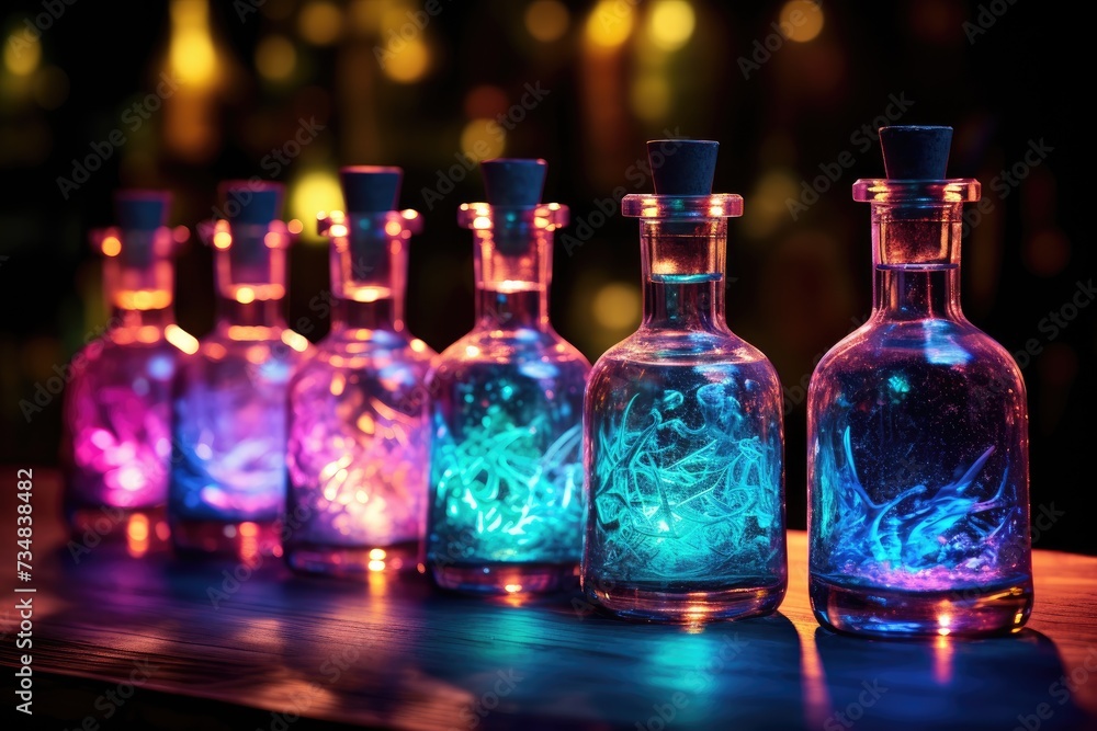 Mystical Potion Bottles Bokeh: Bottles of potions. Mystical Potion Bottles Bokeh: Bottles of potions.