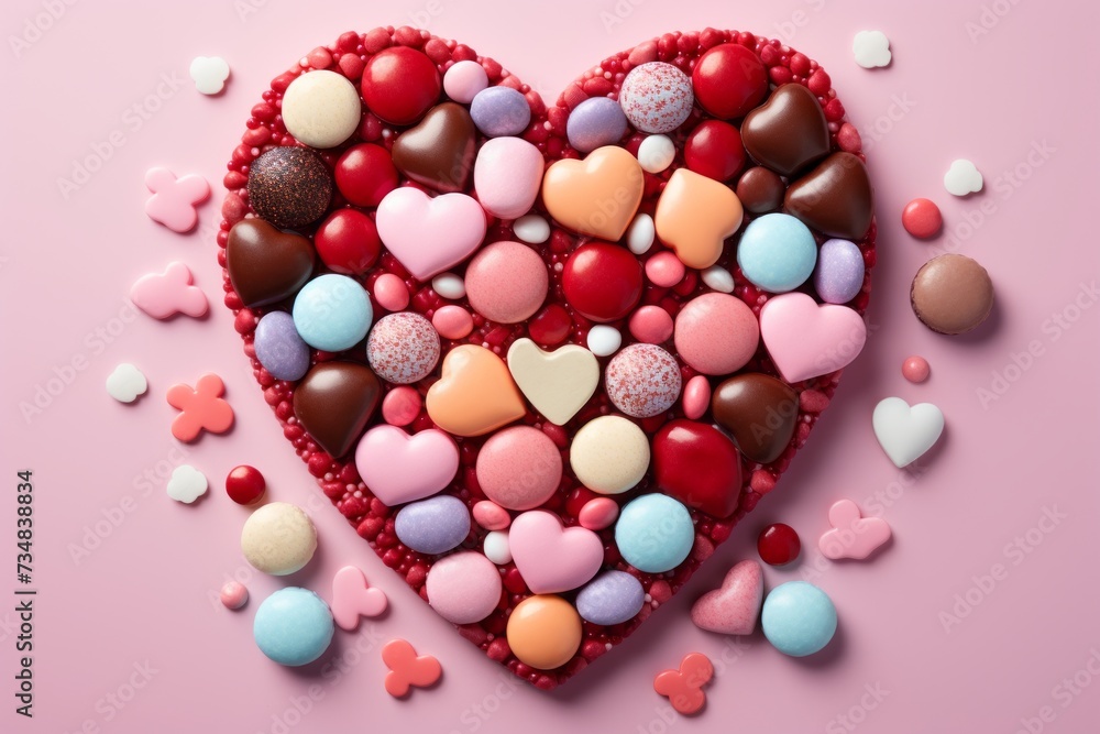 Assorted Valentines Day Candies Arranged in a Heart Shape on a Pink Background Assorted Valentines Day Candies Arranged in a Heart Shape on a Pink Background