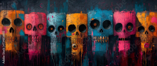 Colored Skulls Painted On The Wall. Illustration On The Theme Of Graffiti, Drawing And Art.  Generative AI