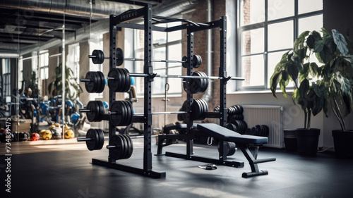Modern Light-Filled Gym Featuring a Rack with Barbells of Various Weights photo