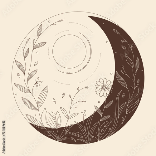 Flowers and leaves, sun and moon in mono line style art for badges, emblems, patches, t-shirts. Vector illustration	