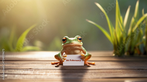 Cute frog holding banner with text. Leap day, one extra day - leap year 29 February  photo