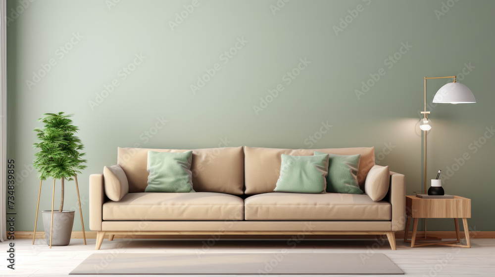 Fototapeta premium Stylish interior design living room modern mint sofa wooden consol, cube, coffee table lamp