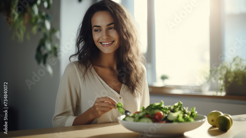 Beautiful Smiling Woman Eating Fresh Organic Vegetarian Salad In Modern Kitchen