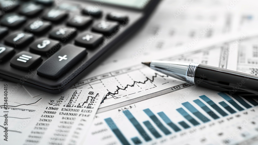 Financial accounting stock market graphs, pen, analysis calculator - obrazy, fototapety, plakaty 