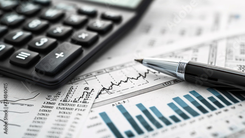 Financial accounting stock market graphs, pen, analysis calculator photo