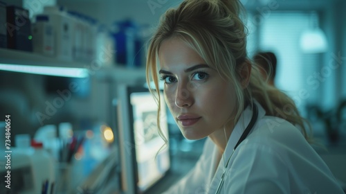 A female doctor is working on a computer in the doctor's office hospital, looking at the MRI scan test results of the patient. Doctors consult with other doctors.