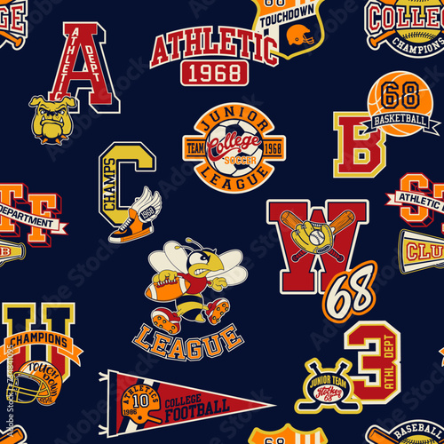 College athletic department sporting badges patchwork vintage vector seamless pattern for children kid wear fabric t shirt sweatshirt pajamas
