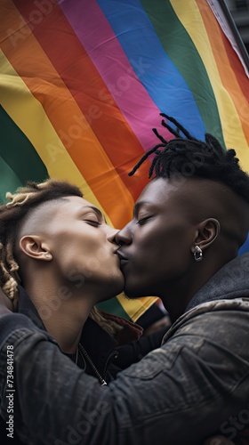 Multiracial gay guy couple kissing in front of LGBT flag. Rainbow.