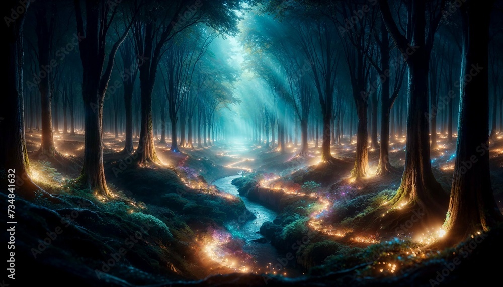 Obraz premium Enchanted Forest at Night - AI generated digital art