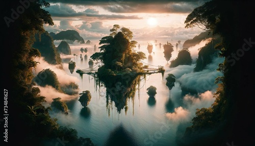 Aerial View of Serene Floating Islands Above a Misty Sea - AI generated digital art
