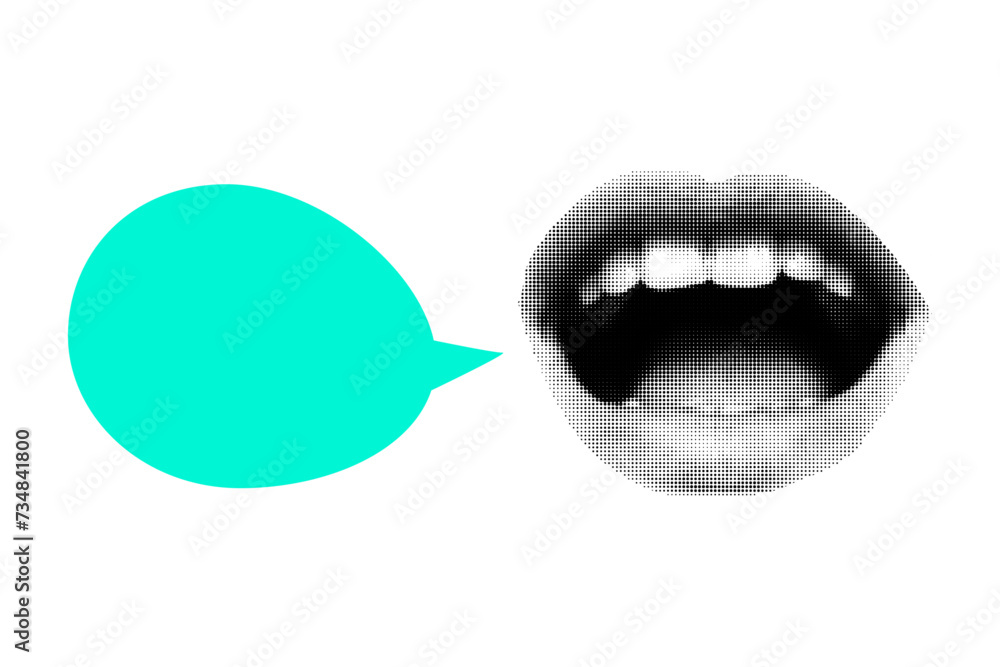 Halftone collage banner with open mouth and speech bubble in bright green color. Paper cut elements, lips, pop art style, place for text. Halftone collage banner with open mouth and speech bubble in bright green color. Paper cut elements, lips, pop art style, place for text.