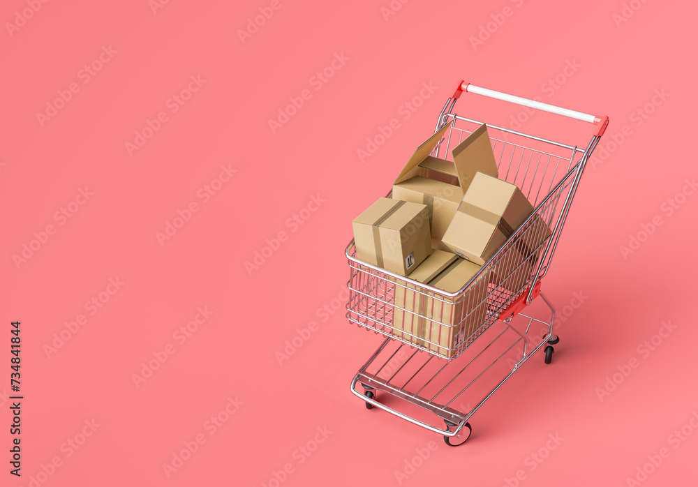 3d rendering of a metal shopping cart loaded with stacked cardboard boxes on a red background. Concepts of retail, shipping, and online shopping. 3d rendering of a metal shopping cart loaded with stacked cardboard boxes on a red background. Concepts of retail, shipping, and online shopping.