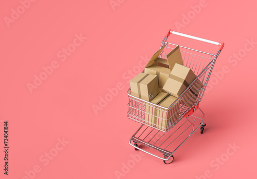 3d rendering of a metal shopping cart loaded with stacked cardboard boxes on a red background. Concepts of retail, shipping, and online shopping.