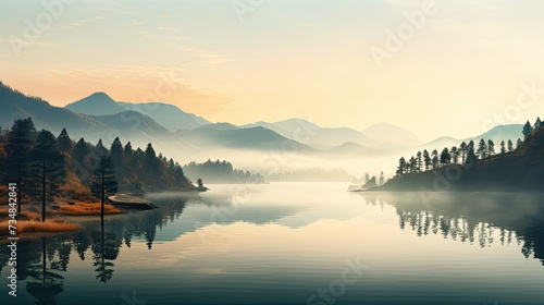 Peaceful mountain retreat at sunrise or sunset, misty hills, soft glowing light, tranquil lake