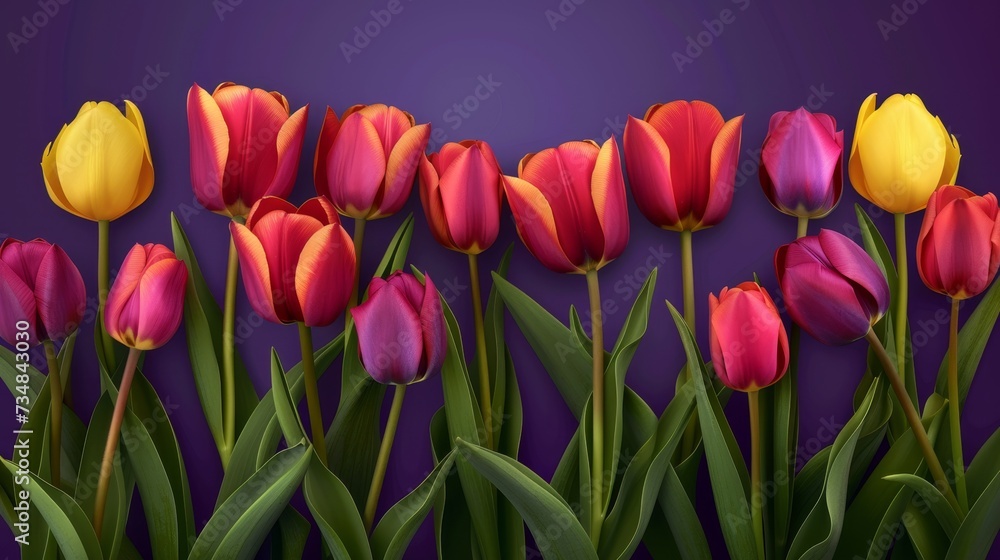 Live beautiful tulips on a purple background with space for text. For design for any holiday. International Women's Day, Valentine's Day, wedding, birthday, romantic date
