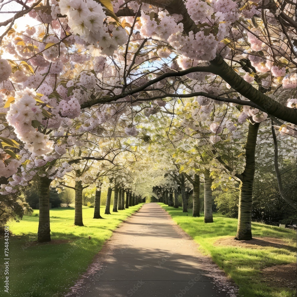 Cherry Blossoms Canopy - A path under a canopy of cherry blossoms in full bloom, symbolizing the beauty and transience of spring.